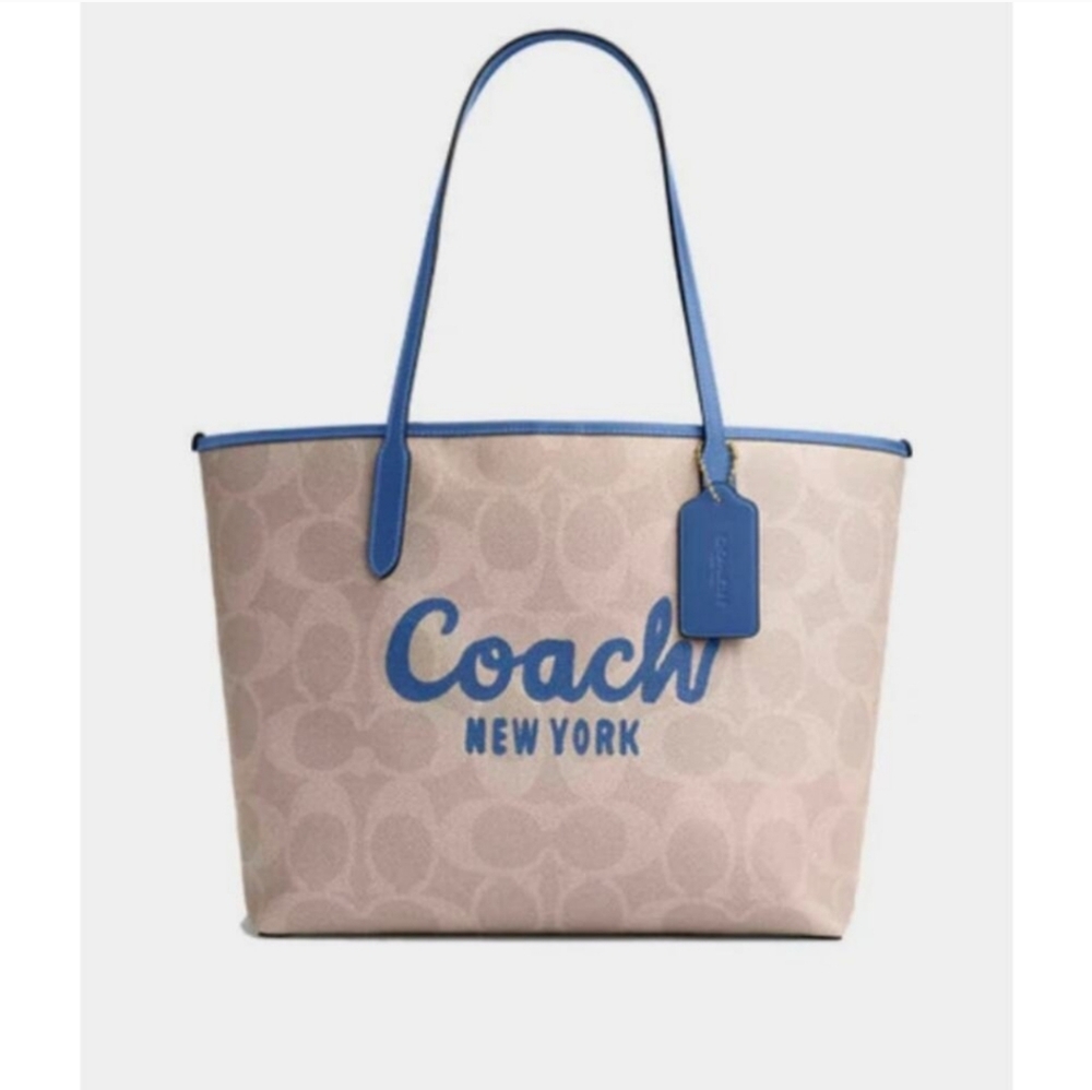 RETAIL $398 COACH CITY TOTE*Gold/Sand/Pacific Bright Mineral*SCRIPT*NEW w/tag